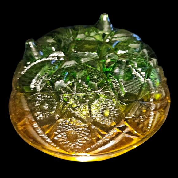 Vintage Green & Amber Pressed Glass Bowl Daisy Button Starburst 7" Footed - Picture 4 of 5